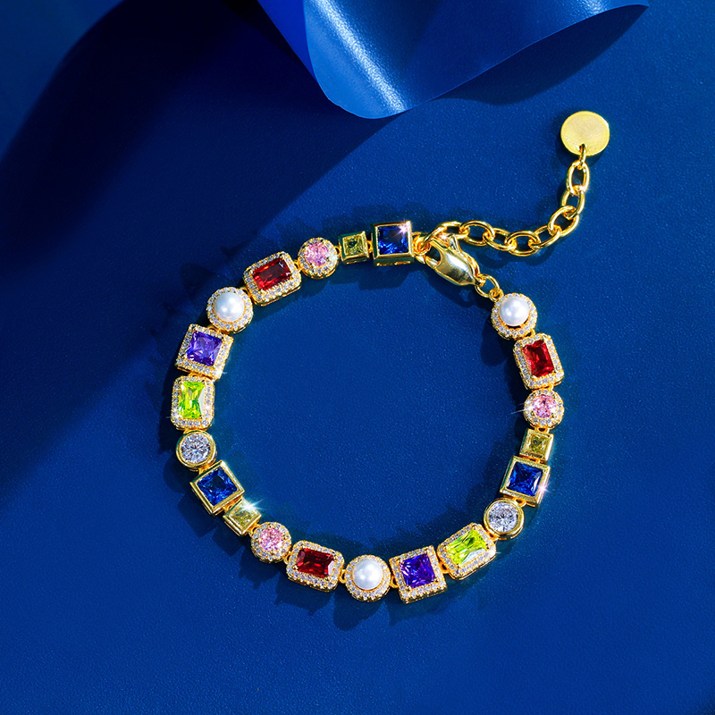 B-003  Multicolor CZ Shell Pearl Rainbow Bracelet, Hip-Hop Trendy Unisex European & American Light Luxury Jewelry