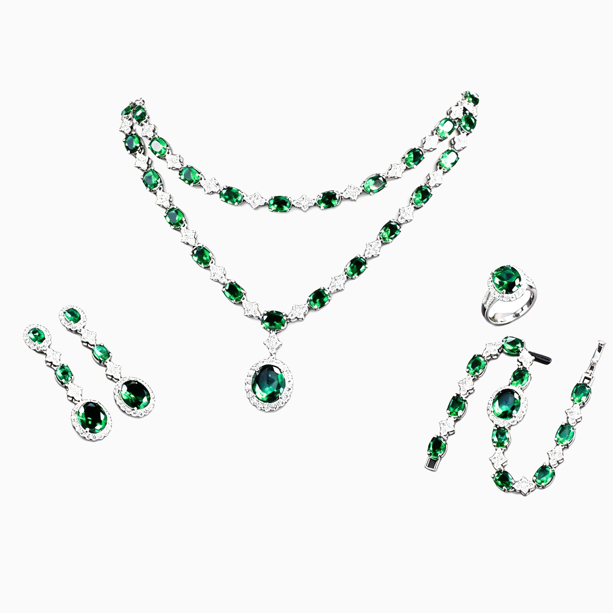 Set-001  Emerald Micro Pave CZ 4-Piece Jewelry Set, Necklace Earrings Ring Bracelet Fashion Jewelry