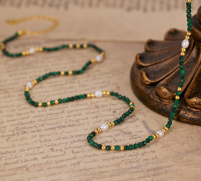 N-004  S925 Sterling Silver Natural Malachite Beaded Collarbone Necklace for Women, French Vintage Layered Fashion Jewelry