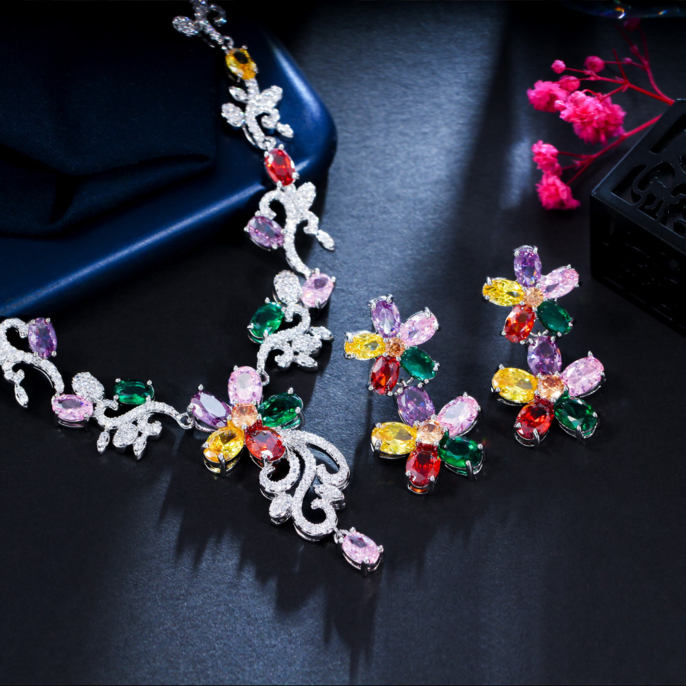 Set-004  Multicolor CZ Necklace & Earrings Set, Classic Korean Ins Style Fashion Jewelry