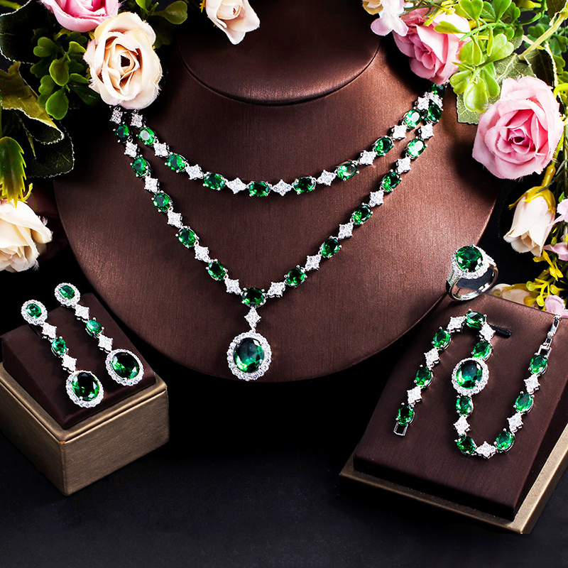 Set-001  Emerald Micro Pave CZ 4-Piece Jewelry Set, Necklace Earrings Ring Bracelet Fashion Jewelry