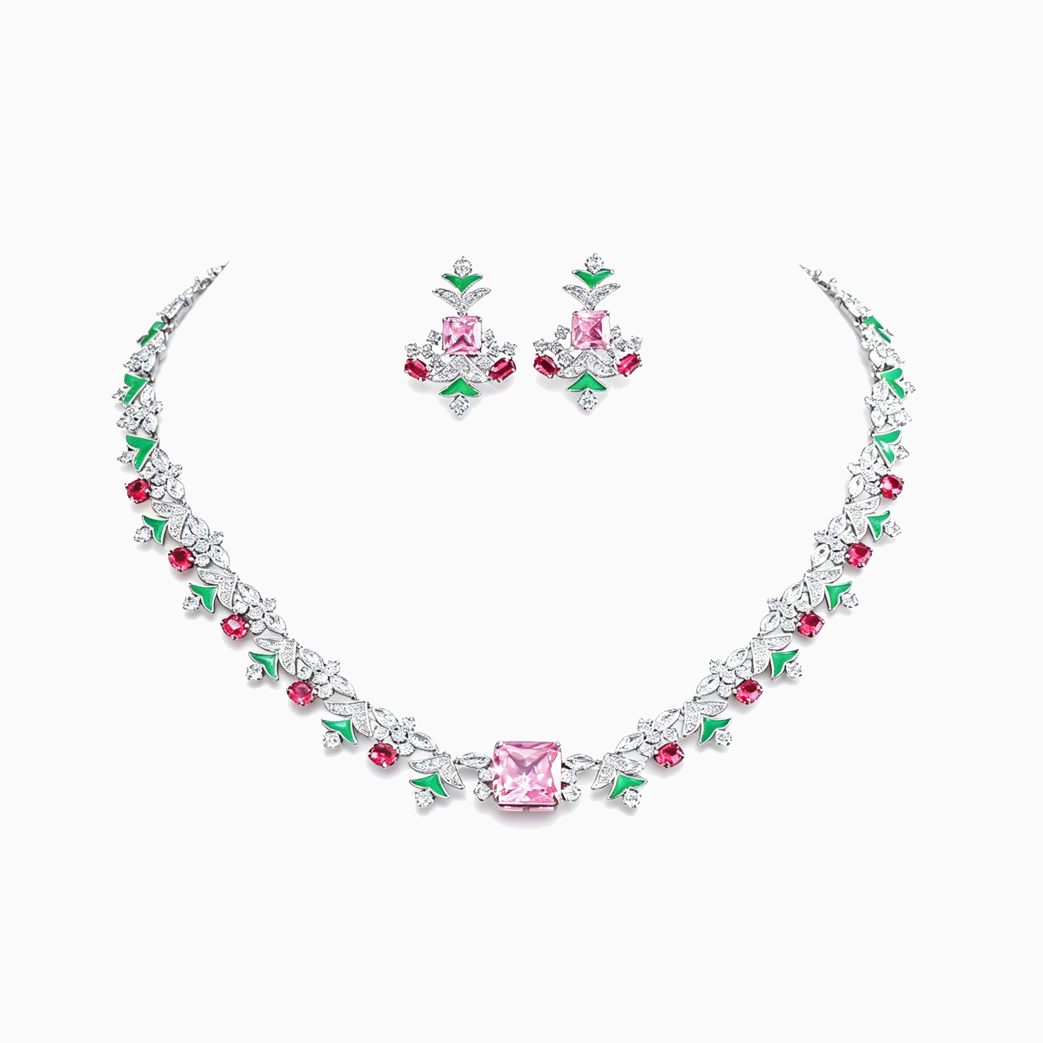 Set-002  Multicolor CZ Enamel Necklace & Earrings Set, French Vintage Mori Style Fashion Jewelry