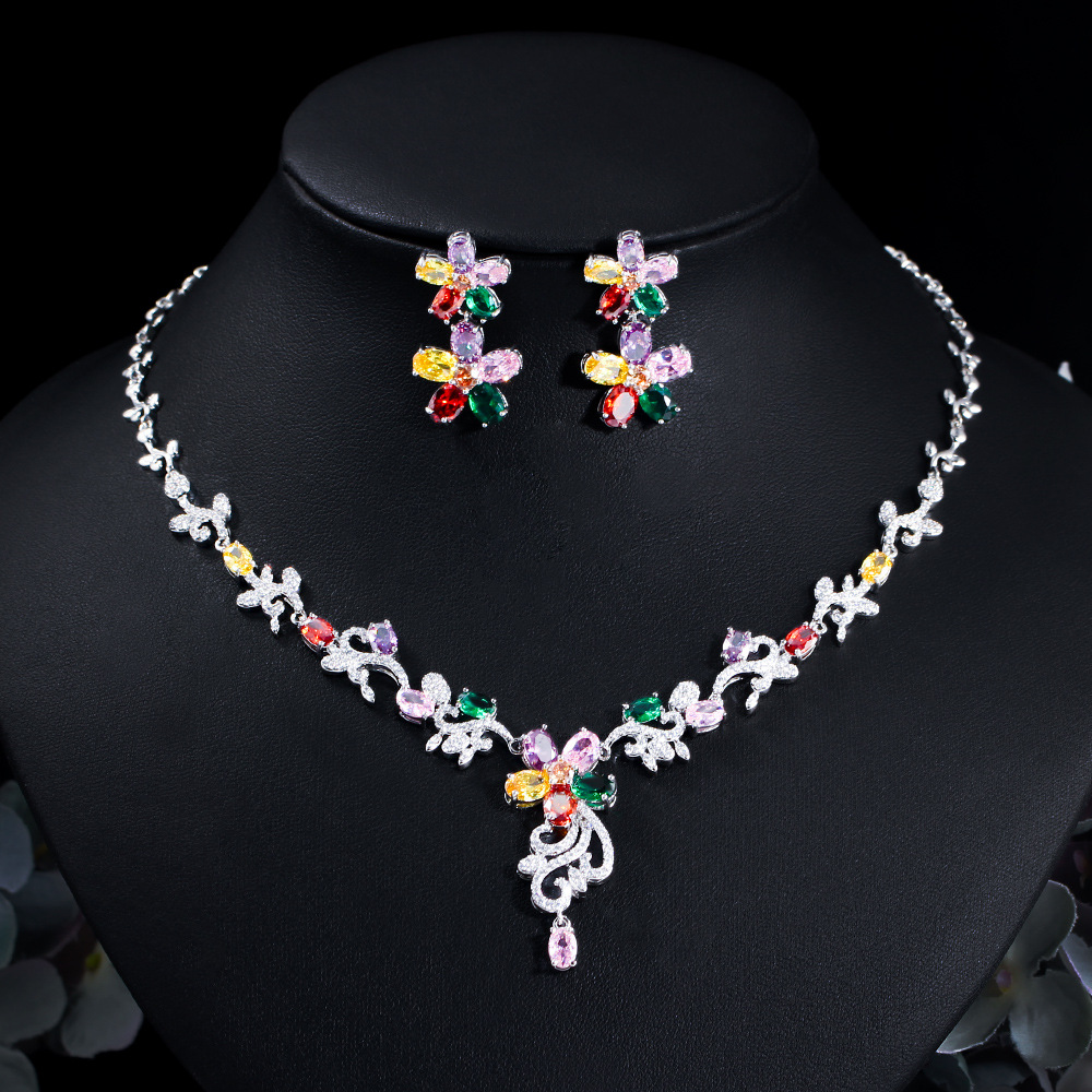 Set-004  Multicolor CZ Necklace & Earrings Set, Classic Korean Ins Style Fashion Jewelry
