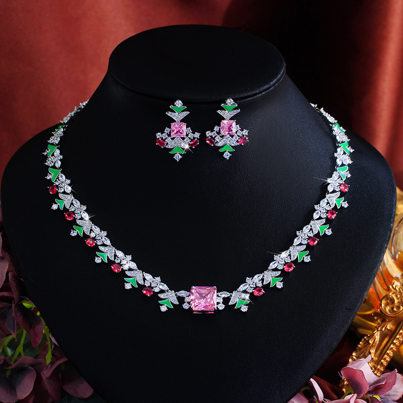 Set-002  Multicolor CZ Enamel Necklace & Earrings Set, French Vintage Mori Style Fashion Jewelry