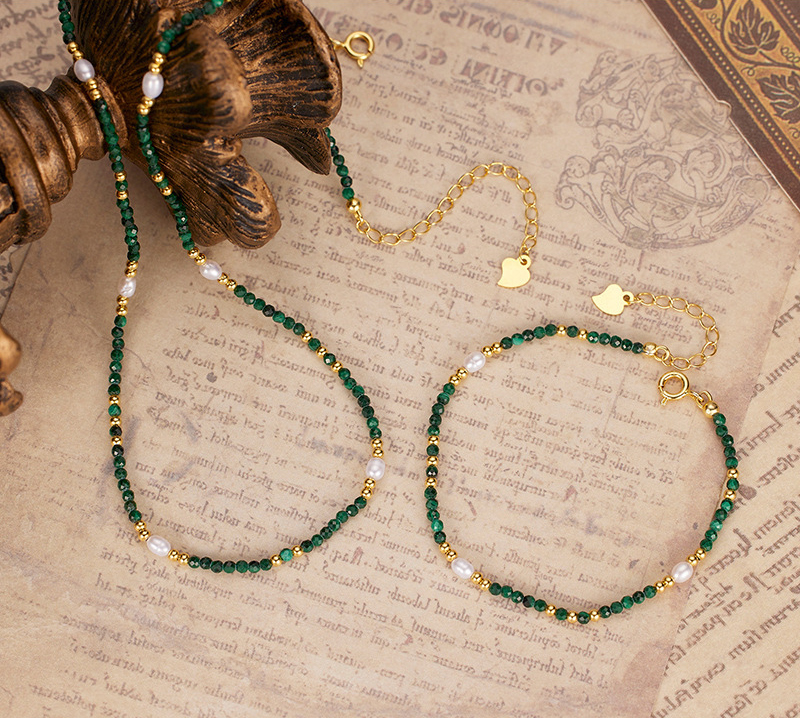 N-004  S925 Sterling Silver Natural Malachite Beaded Collarbone Necklace for Women, French Vintage Layered Fashion Jewelry