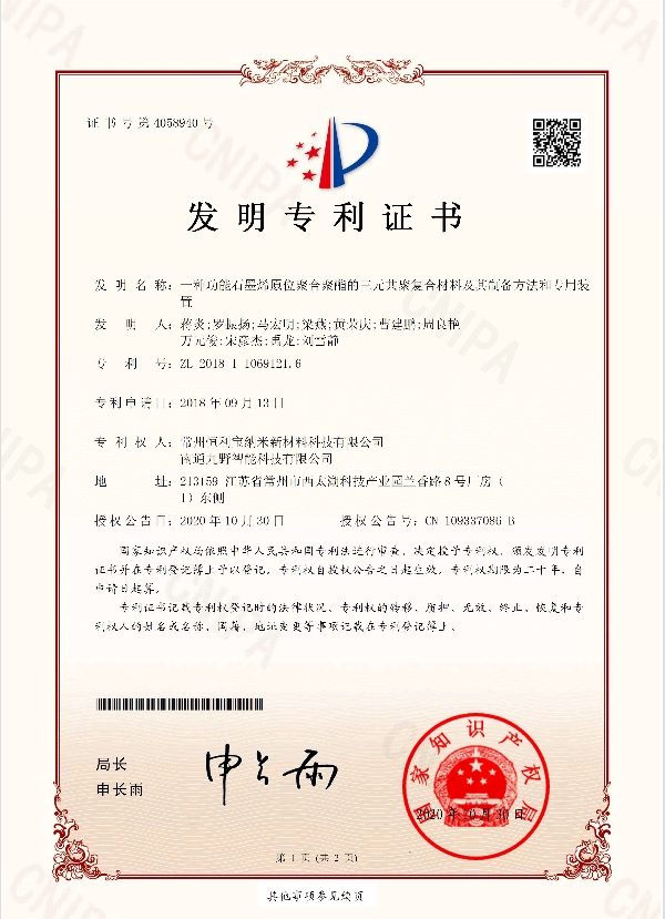 2018年9月13日，发明专利---《一种功能石墨烯原位聚合聚酯的三元共聚复合材料及其制备方法和专用装置》