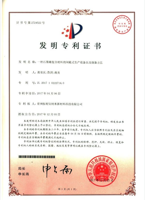 2017年4月6日，发明专利---《一种石墨烯复合材料的间歇式生产设备以及制备方法》