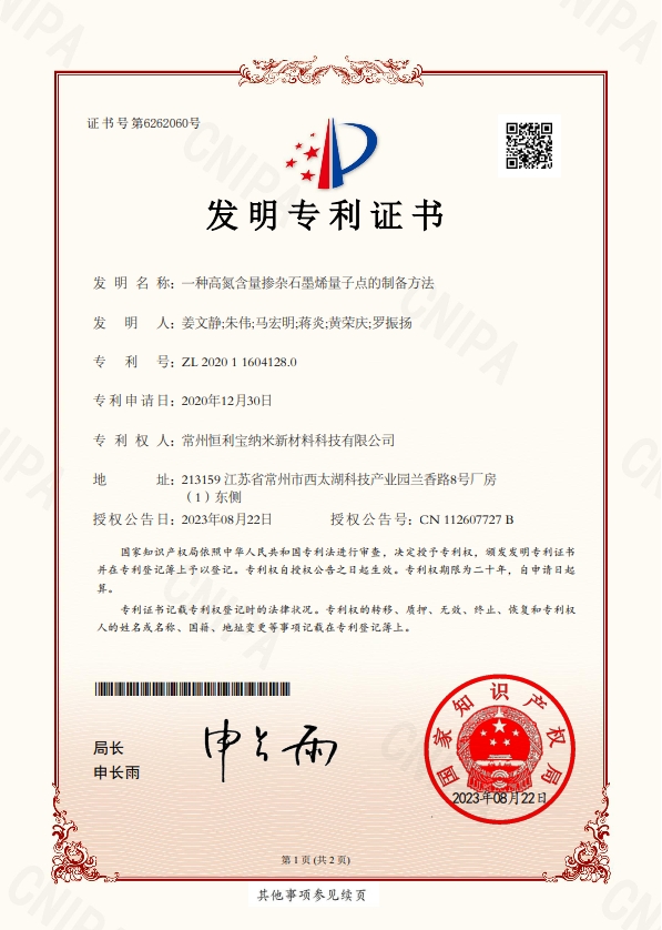 2020年12月30日，发明专利---《一种高氮含量掺杂石墨烯量子点的制备方法》