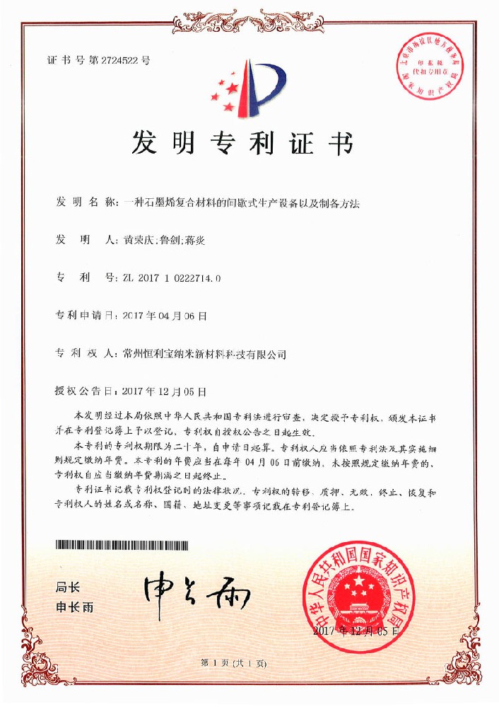2017年12月5日，发明专利---《一种石墨烯复合材料的间歇式生产设备以及制备方法》授权