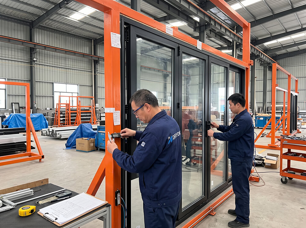 Quality inspector measuring frame diagonal dimensions with calipers and testing handle locking smoothness on an assembled test stand.