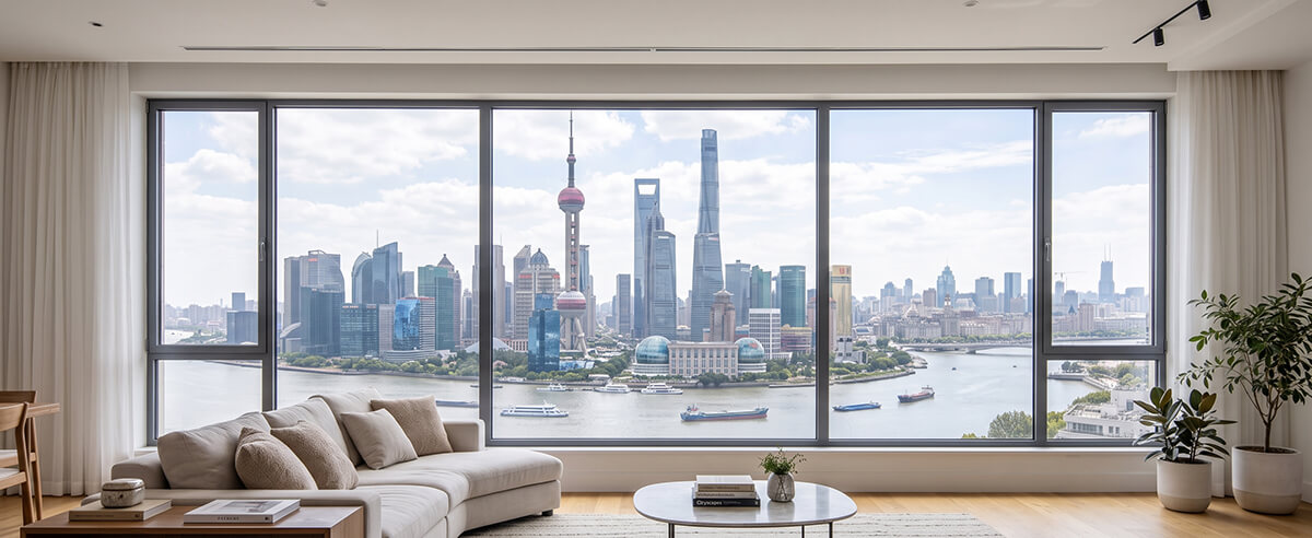 floor-to-ceiling-aluminum-fixed-picture-windows-city-skyline-living-room